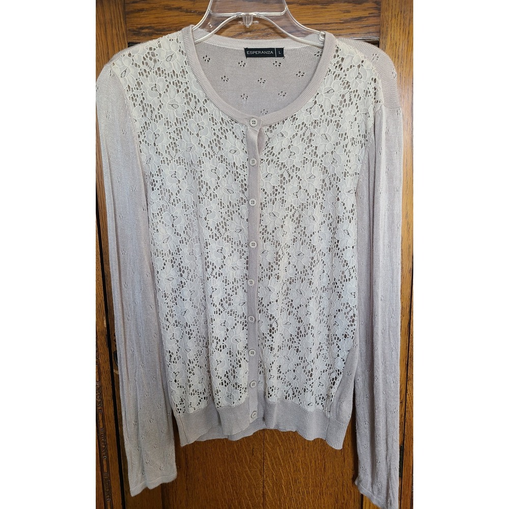 Esperanza Women Beige Lace Front Button Down Cardigan Pointelle Knit Sweater L